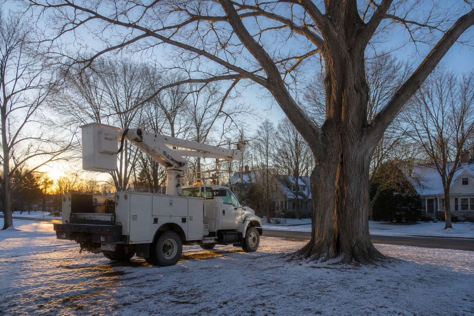 Winter tree removal in Big Rapids: bucket truck on frozen, snow-dusted ground Winter tree removal in Big Rapids: bucket truck on frozen, snow-dusted ground