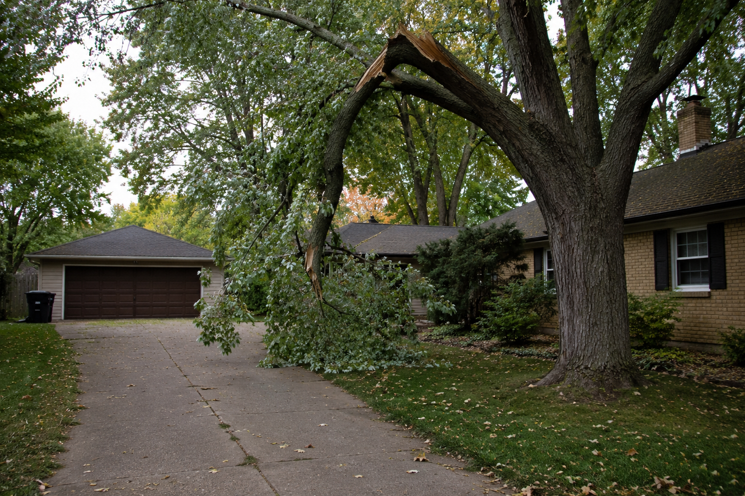 Tree emergency in Big Rapids: broken limb hanging in the canopy over a driveway Tree emergency in Big Rapids: broken limb hanging in the canopy over a driveway