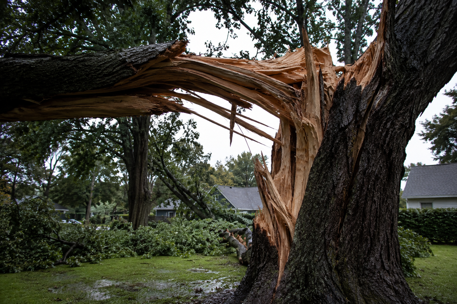 Storm damaged tree in Big Rapids: split leader hanging after high winds Storm damaged tree in Big Rapids: split leader hanging after high winds
