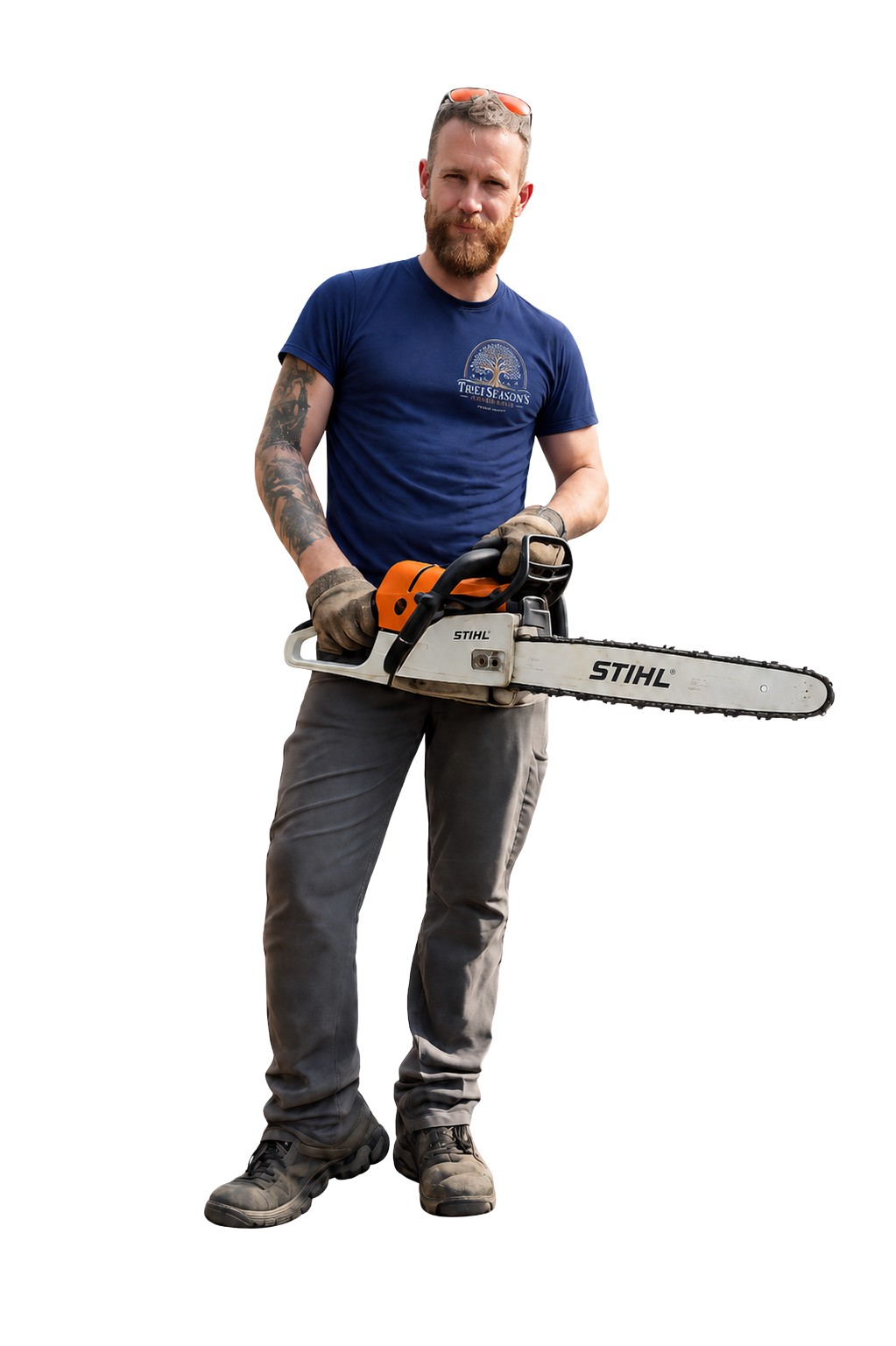 Tree Seasons Arbor Care owner Austin Moore of Tree Seasons Arbor Care holding a chainsaw