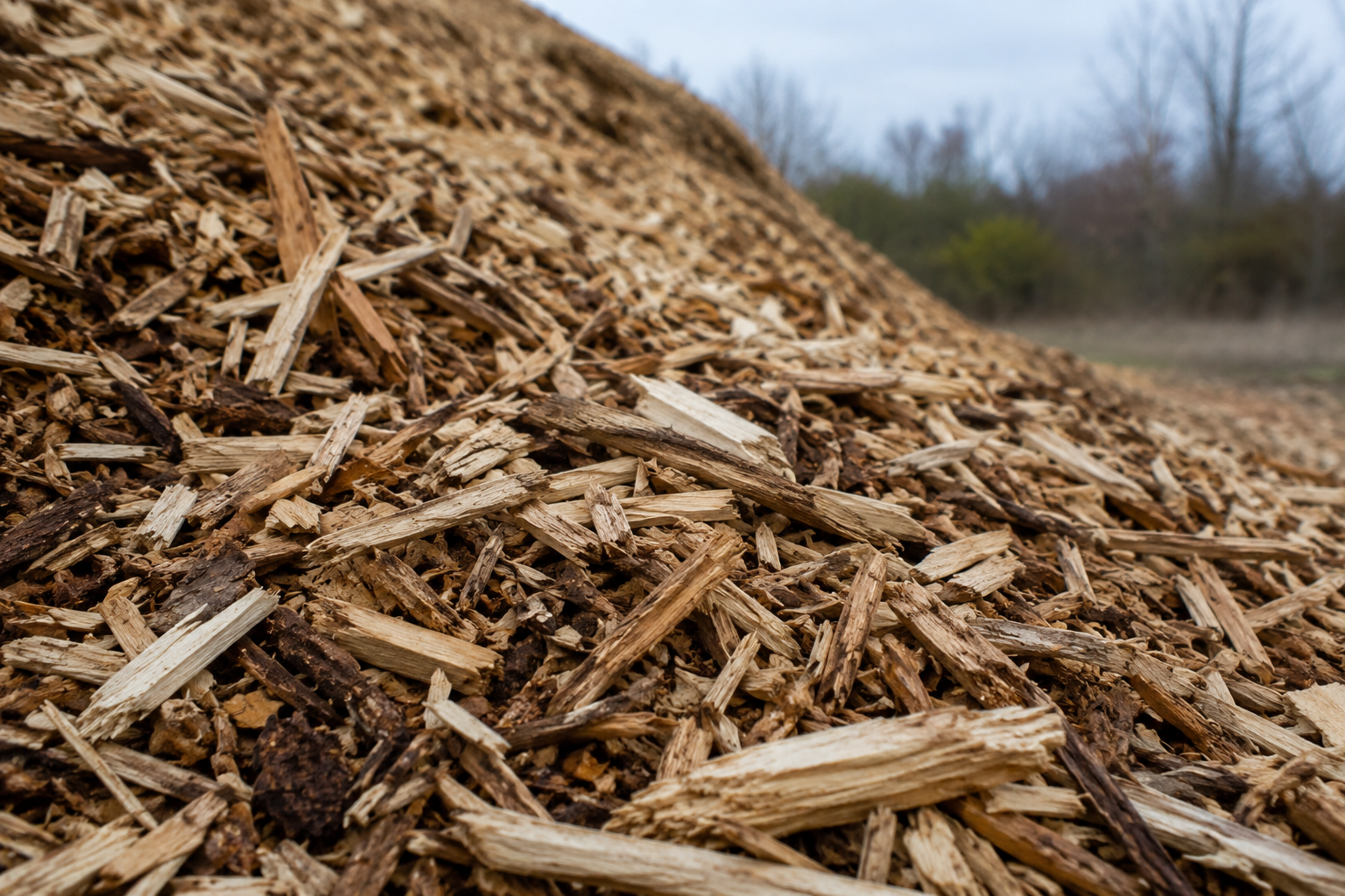 Fresh wood chips left by stump grinding, ready for backfill