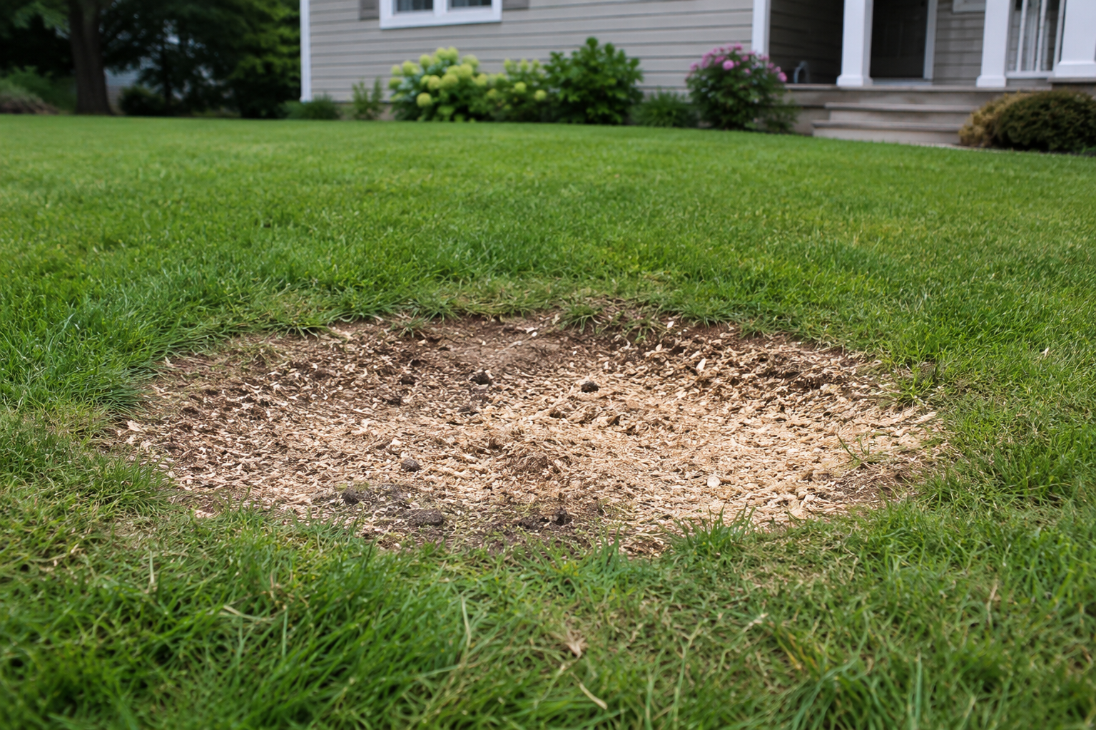 Stump grinding in Big Rapids: freshly ground stump flush with the lawn