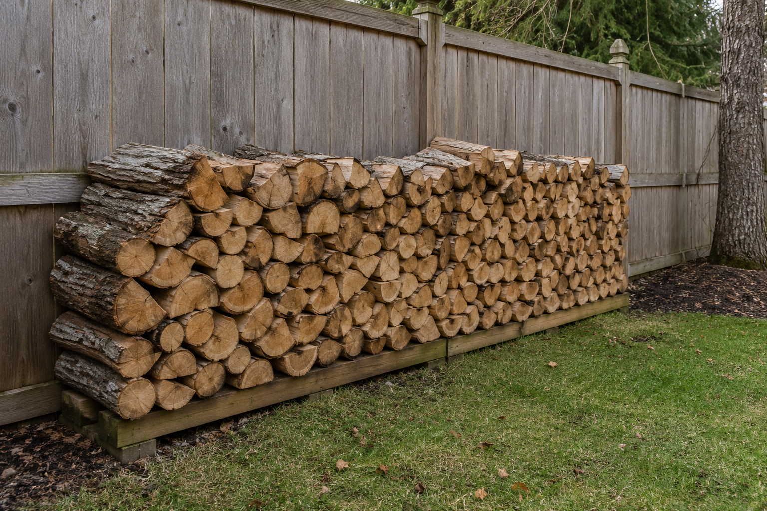 Wood cut and stacked after a removal, with the stump ground separately