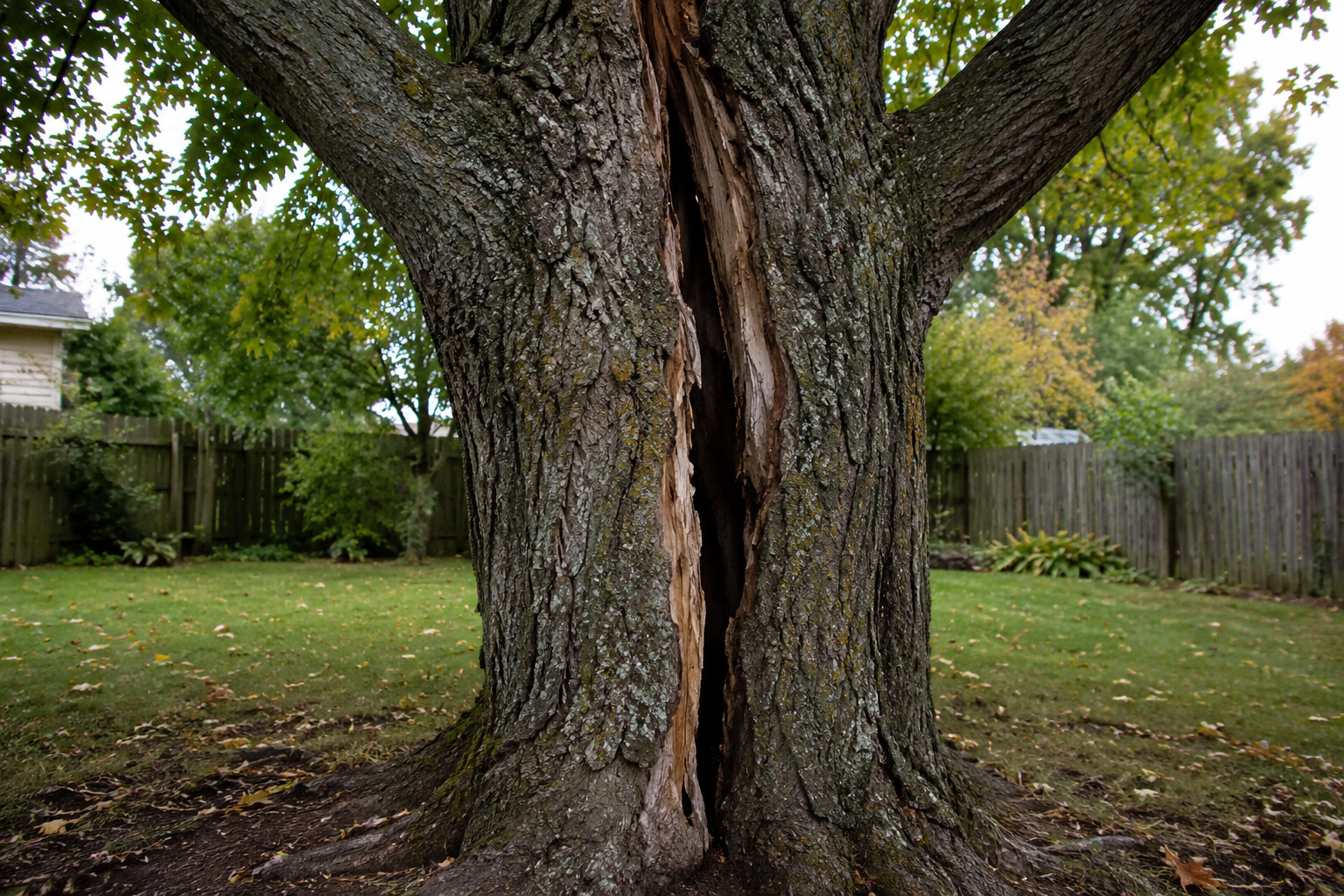 When to remove a tree in Big Rapids: deep vertical crack splitting a maple trunk When to remove a tree in Big Rapids: deep vertical crack splitting a maple trunk