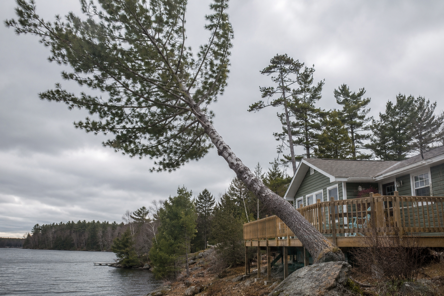 Emergency tree service for lake cottages: white pine leaning toward a deck Emergency tree service for lake cottages: white pine leaning toward a deck