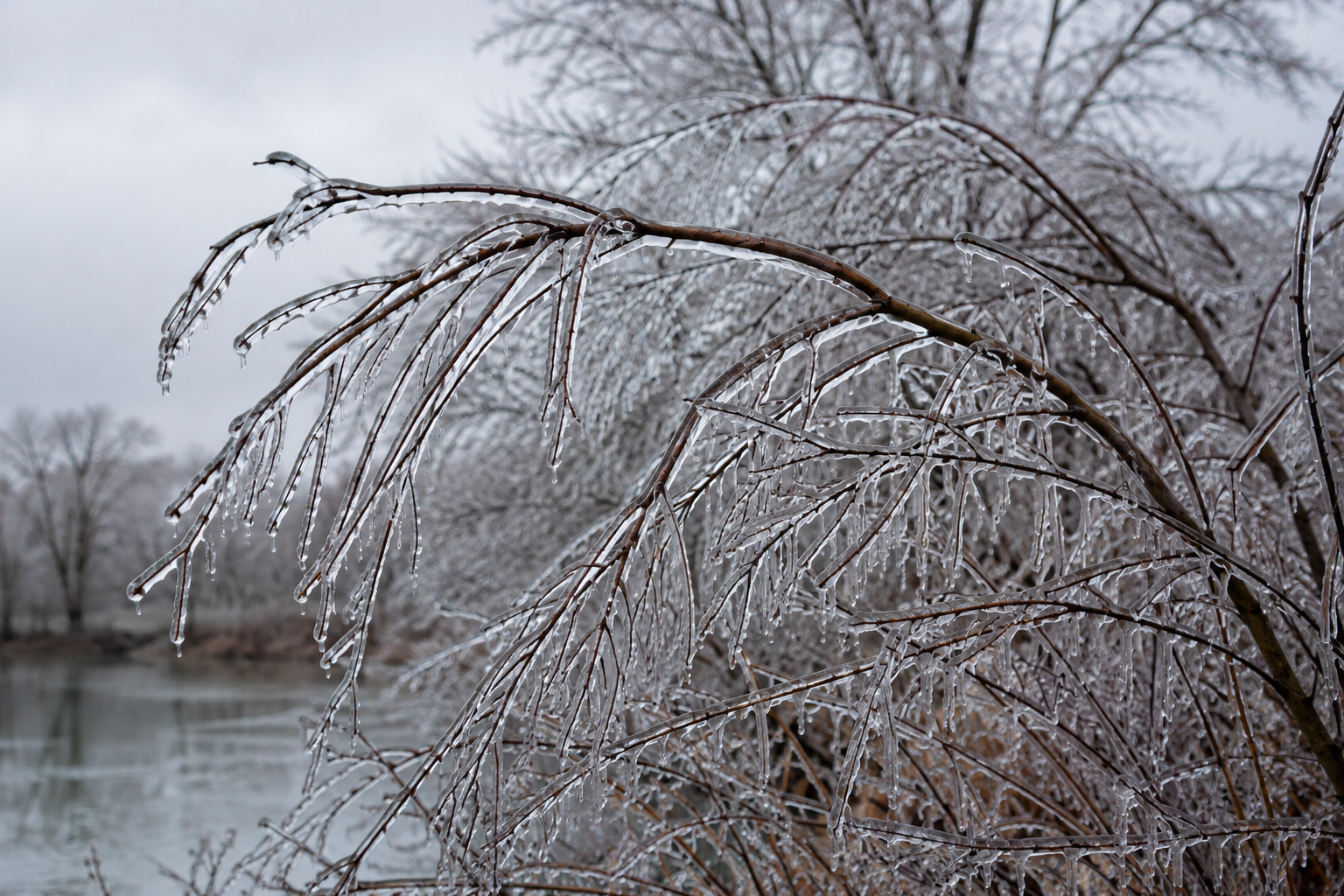 Michigan ice storm damage: tree branches encased in clear ice Michigan ice storm damage: tree branches encased in clear ice