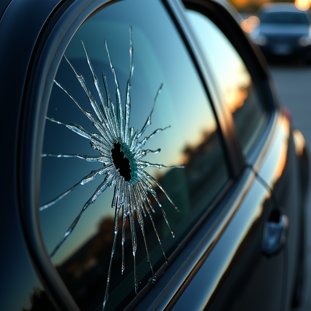 Impact-damaged auto glass before replacement